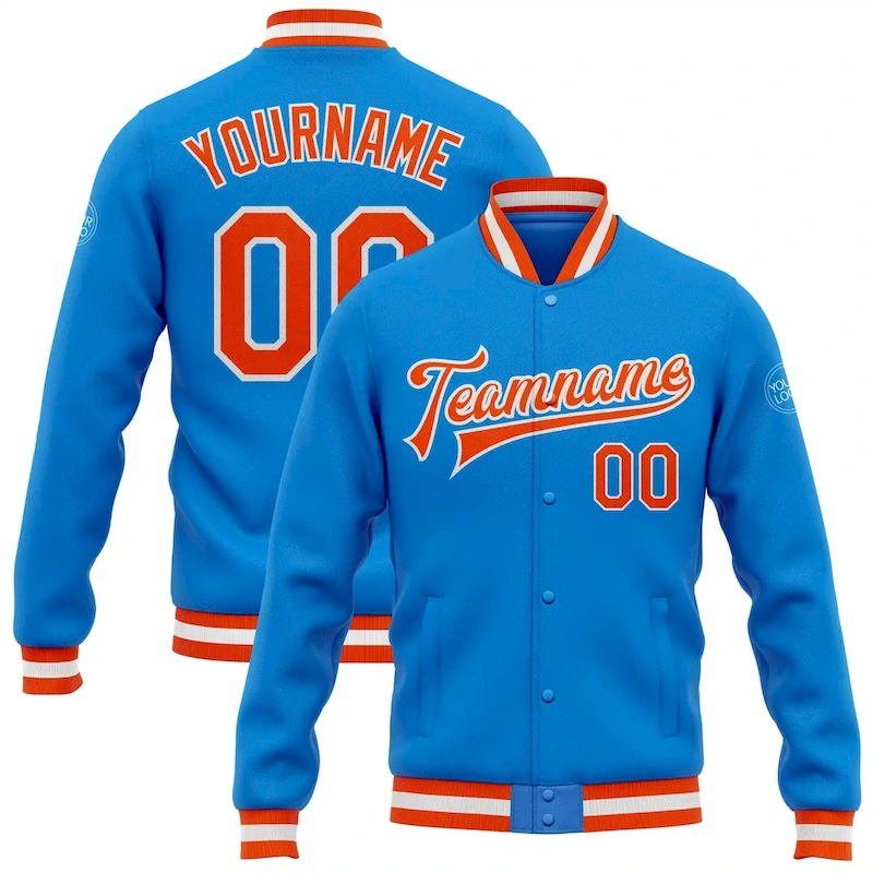 Jacket1283.webp Custom Powder Blue Orange-White Bomber Full-Snap Varsity Letterman Jacket - Image 1