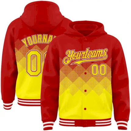 Custom Red Light Yellow-White Gradient Square Shape 3D Pattern Design Bomber Full-Snap Varsity Letterman Hoodie Jacket