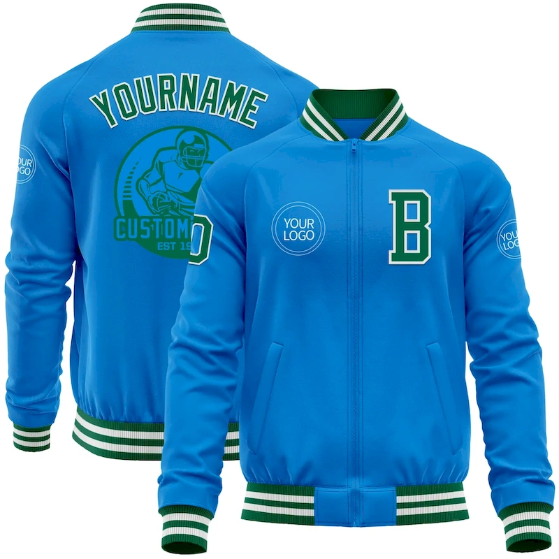 Jacket5408.webp Custom Powder Blue Kelly Green-White Bomber Varsity Letterman Zipper Jacket - Image 1