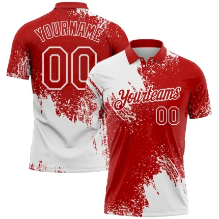 Custom White Red 3D Pattern Design Abstract Brush Stroke Performance Polo Shirt