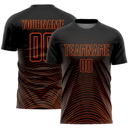 Custom Black Orange Gradient Geometric Lines Sublimation Soccer Uniform Jersey