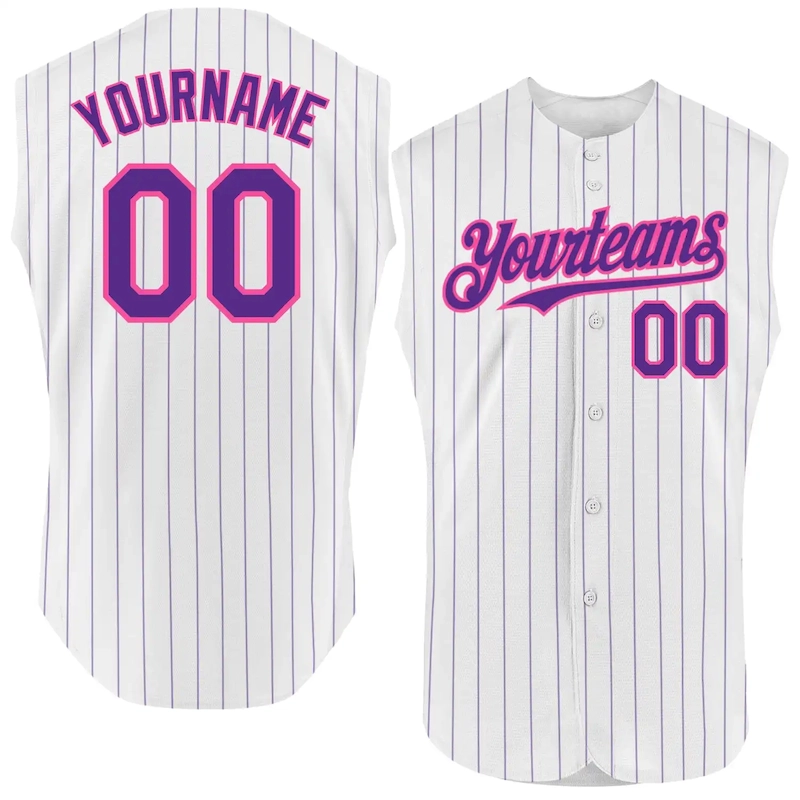 White1629.webp Custom White Purple Pinstripe Pink Authentic Sleeveless Baseball Jersey - Image 1